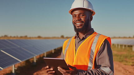 Cheerful worker in solar farm reviewing panel performance