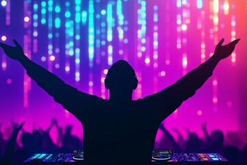 A silhouette of a DJ against a vivid LED backdrop, hands raised as the crowd goes wild.