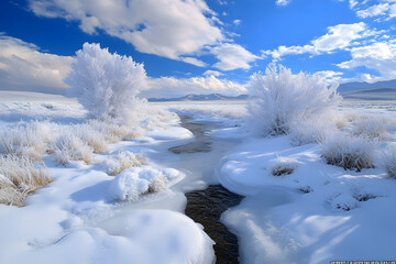 Snow blankets the grassland in winter, with white ice flowers and frost beside a flowing river. The blue sky above, dotted with clouds, captures the serenity of the scene in stunning high definition.