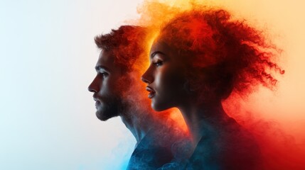 Striking silhouette portraits integrated with colorful smoke, creating a dramatic representation of duality, emotion, and artistic flair, captivating the viewer's attention.