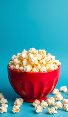 Red bowl overflows with fluffy popcorn against vibrant blue background. AI Generated