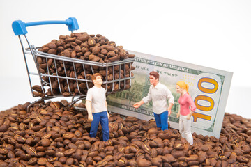 Creative image of tiny figures standing on coffee beans, a shopping cart overflowing with beans,...
