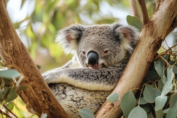Obraz premium A koala lounging in the branches of an eucalyptus tree