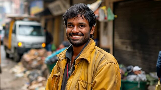 A young Indian garbage removal worker is seen grinning at the camera while standing next to a garbage truck on a city road.