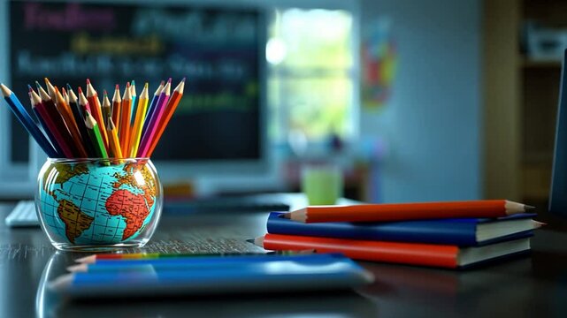 Colorful pencils in a globe-shaped container on a desk with blurred educational materials in a bright classroom setting
