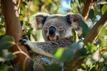 Fototapeta premium A koala lounging in the branches of an eucalyptus tree