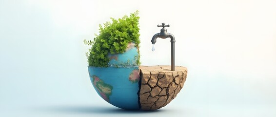 Half Cracked Earth with Dripping Faucet &ndash; Global Water Crisis and Environmental Awareness