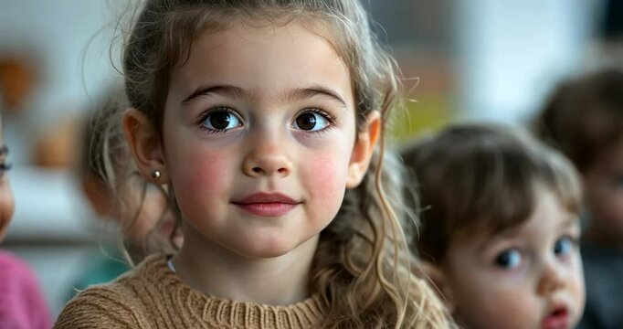 A young girl with rosy cheeks holds a book, surrounded by other children in a classroom setting.  Warm lighting and soft focus