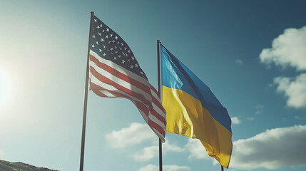A symbol of diplomacy with the USA and Ukraine flags side by side in a political setting