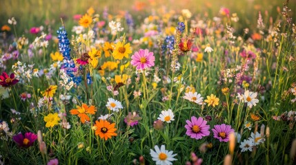 Obraz premium Colorful Wildflower Field at Sunset in High Angle View