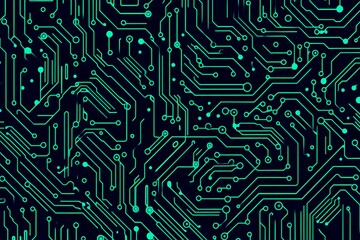 Abstract close-up of a glowing blue digital circuit board, showcasing intricate connections and technological design on a black background.
