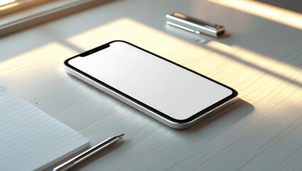 Sleek, silver-framed modern smartphone with a pristine, glare-free blank white screen, lying flat on a tidy, minimalistic workspace with a subtle wood grain texture, softly illuminated by a gentle.