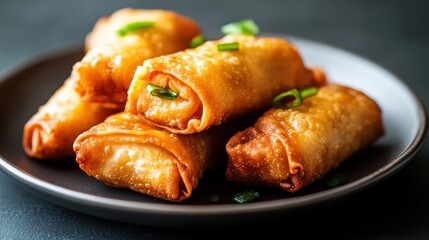 Golden and crunchy spring rolls elegantly arranged on a sleek black plate, creating a stunning visual contrast that highlights their delightful texture and savory appeal.