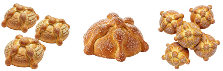 Pan de Muerto collection of traditional Mexican bread with sugar topping isolated on a transparent background