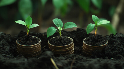 Three stacks of coins with small plants growing from the soil, symbolizing financial growth and investment in nature. Concept Coins and Plants, Financial Growth, Nature Investment