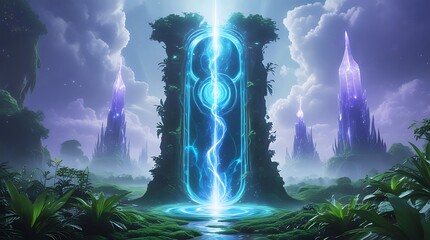 Mist-shrouded portal stands tall in the heart of a dense, emerald-green jungle, its iridescent surface swirling with brilliant, electric blue energy that seems to pulse.