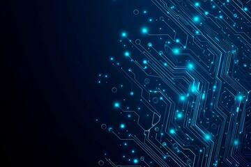 Abstract close-up of a glowing blue digital circuit board, showcasing intricate connections and technological design on a black background.
