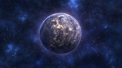 A panoramic 3D view of a planet with glowing rings, surrounded by shimmering stars and a dark blue-violet sky. Detailed surface textures and light beams.