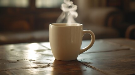 Fototapeta premium Warm and inviting photograph of a pristine, blank ceramic mug, placed centrally on a worn, wooden coffee table, surrounded by subtle, morning light, with a gentle mist of steam rising from the mug.