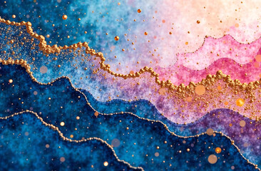 Abstract blue and gold liquid texture with pastel pink glitter accents