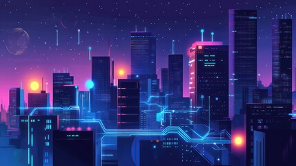 Futuristic city skyline at night with glowing circuits. Stock photo for technology, future, and urban design