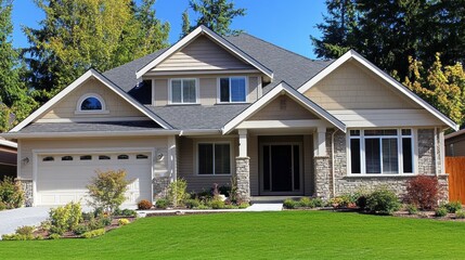 A suburban home renovation featuring a new roof, freshly painted exterior, and landscaped yard