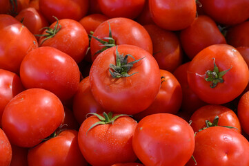 Bountiful harvest of ripe tomatoes showcased in a vibrant farmers market during a sunny afternoon