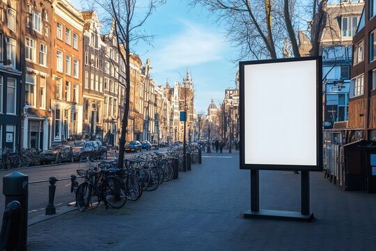 Clear Billboard on city street with blank copy space screen for advertising or promotional poster content, empty mock up Lightbox for information in Amsterdam, blank display outdoors in urban area