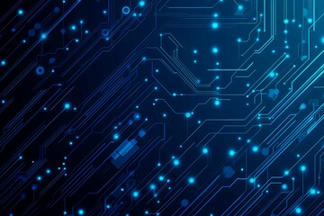 Obraz premium Abstract close-up of a glowing blue digital circuit board, showcasing intricate connections and technological design on a black background. 