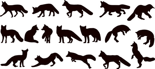 fox in different angles collection, set silhouette vector on white background