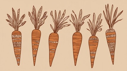 High quality illustration Line art of carrots with geometric accents in brown, playful and creative --chaos 10 --ar 16:9 --style raw --stylize 10 --v 6.1 Job ID: d454146b-bcbc-40bb-babd-4b87caded95d