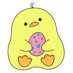 Cute yellow chicken tilts its head, holding  painted pink Easter egg with  blue flower in its hands. Traditional religious holiday is Easter. One icon isolated on  white background. 