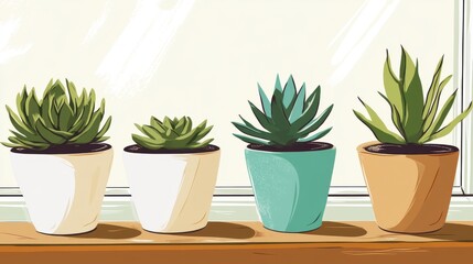 Fototapeta premium Stylish Succulent Plants in Pots on Windowsill