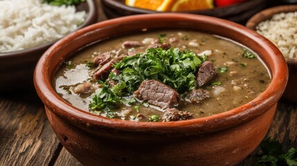 Savory Beef Stew with Fresh Herbs and Rice on Rustic Wooden Table