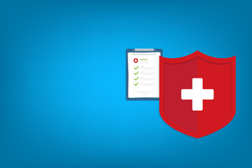 Fototapeta premium Medical healthcare insurance. Red shield on patient protection policy. Medicine symbol. 
