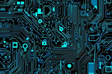 Abstract close-up of a glowing blue digital circuit board, showcasing intricate connections and technological design on a black background.

