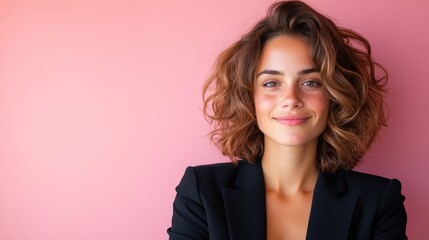 A charming young woman with curly hair and a warm smile poses elegantly in a black outfit, set against a bright pink background that radiates positivity and style.