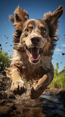 a frisky dog running through a puddle