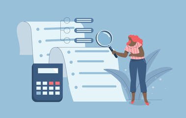 Businesswoman holding magnifying glass looking data in document, Concept of investment data analysis and document review, Financial auditing and systems concepts. Flat vector illustration.