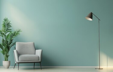 3D Rendering of Modern Interior Design with Armchair and Floor Lamp on Light Blue Wall, Minimalist Home Decor Mockup