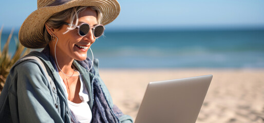Attractive mature woman 50-60 makes use of laptop on the seashore, active elderly people, Generative AI.