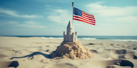 Naklejka premium Sand castle on the coast with the US flag. Generative AI.