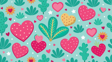 The pattern of hearts and cacti creates a romantic mood. Bright elements give the design freshness and lightness.