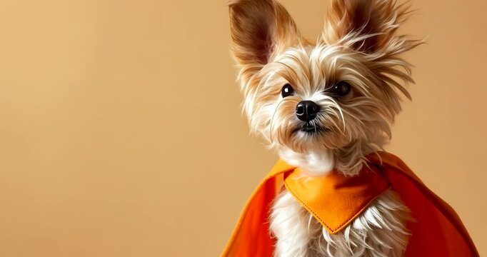 A small dog with fluffy fur wearing an orange cape posing against a light brown backdrop. This video shows the dog from the chest up with a focus on its face and superhero attire