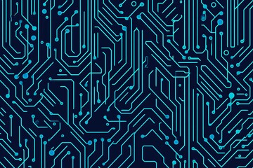 Abstract close-up of a glowing blue digital circuit board, showcasing intricate connections and technological design on a black background.
