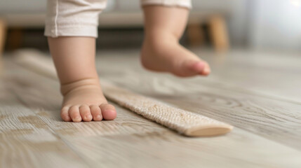 Toddler Learning Foot Coordination on Wooden Balance Tool
