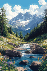 A breathtaking alpine landscape with a clear mountain stream flowing through lush greenery, surrounded by wildflowers, tall pine trees, and majestic snow-capped peaks under a blue sky