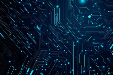 Fototapeta premium Abstract close-up of a glowing blue digital circuit board, showcasing intricate connections and technological design on a black background. 