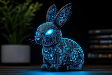 A neon-lit cyberpunk bunny figurine with holographic ears and glowing blue eyes