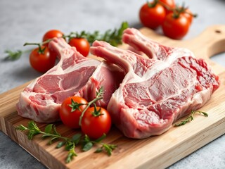 Juicy lamb chops rest beautifully on wood brightly lit enhancing rich red tones. AI Generated